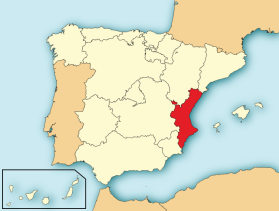 Kaart van Spanje met daarop in rood aangegeven de locatie van de comunitat Valenciana. De comunidad ligt in het oosten van Spanje.