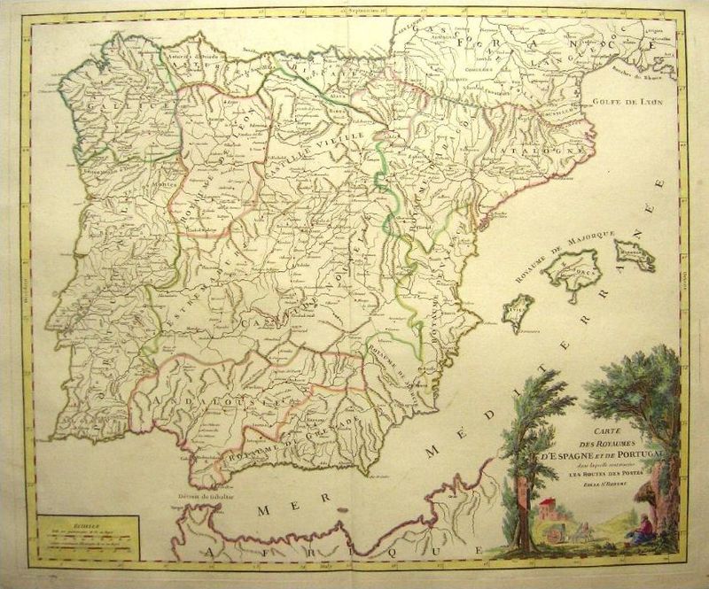 Oude kaart (1770) van Spanje, zie tekst onder de afbeelding.