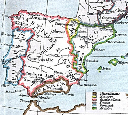 De kaart van het Iberisch schiereiland in 1360, waar we in het zuiden het koninkrijk Granada, Portugal Castilla y León, Navarra en Aragón aantreffen.