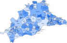 Kaart van de provincie Andalucía waarop alle gemeentes van deze provincie zichtbaar gemaakt zijn door ze een verschillende kleur blauw te geven.