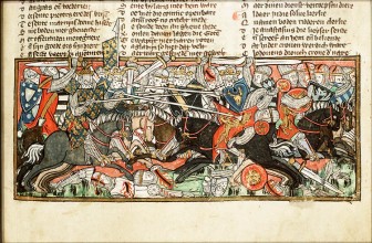 Slag bij Vouillé (507), tussen Franken en Visigoten, afgebeeld in een 14e eeuws manuscript.