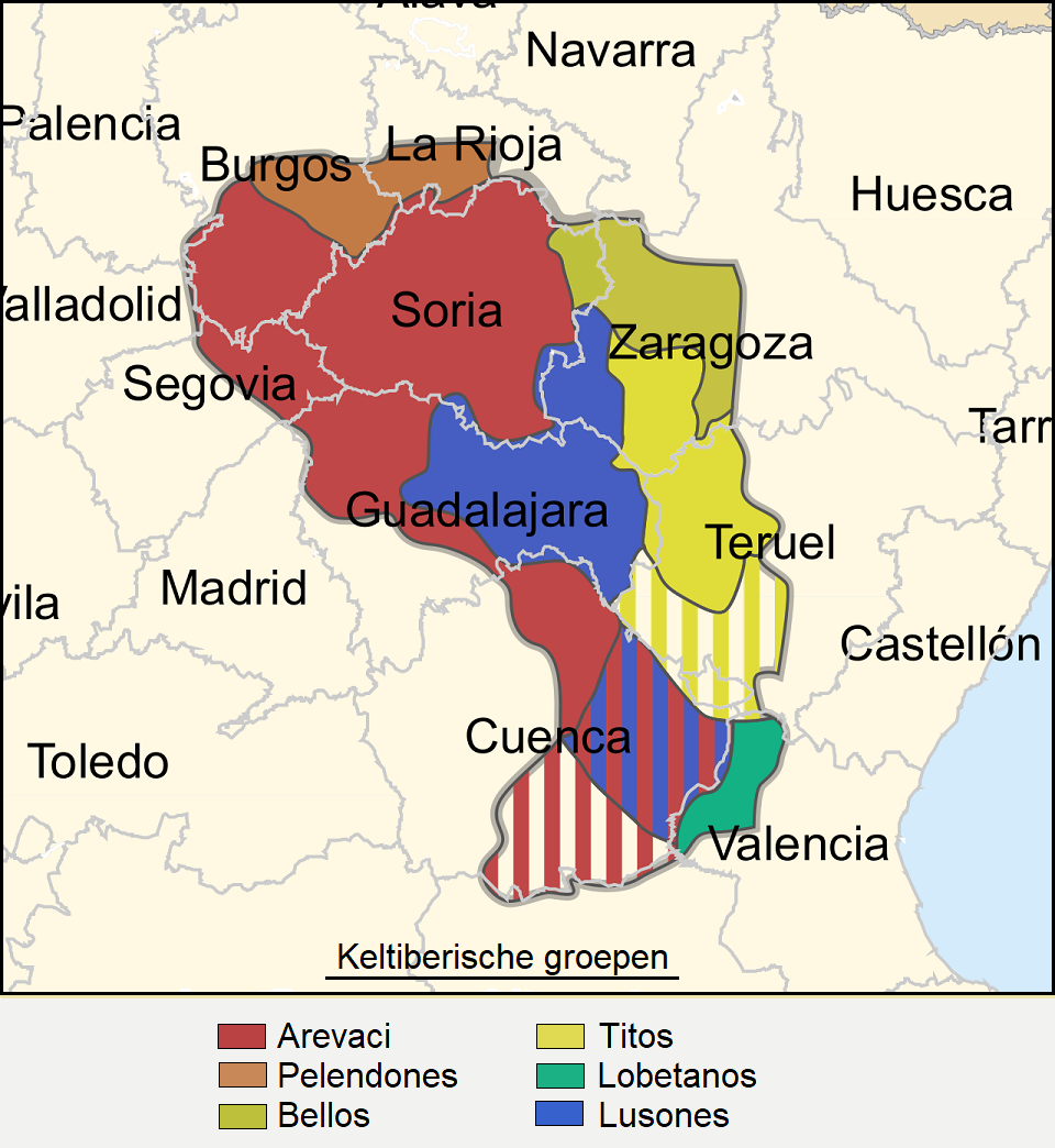 Op dit kaartje zien we het Kelt-Iberische gebied met daarin gekleurd de verschillende volkeren.