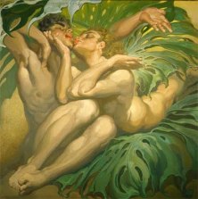 Primevera , een schilderij van Néstor Martín-Fernandez de la Torre een symbolistische schilder van de Canarische eilanden. We zien een verliefd, kussend naakt paartje op een aantal palmachtige bladeren.
