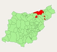 Kaart van de provincie Guipúzcoa met zijn gemeentes en rood gekleurd de de gemeente San Sebastián.
